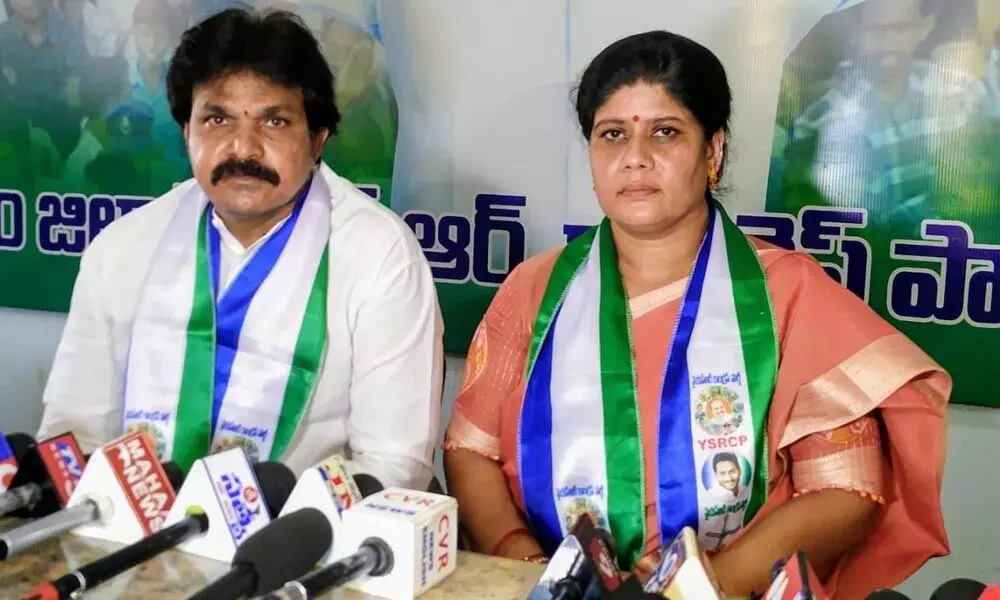 OUDA Chairperson Singaraju Meenakumari with YSRCP Ongole town president Singaraju Venkata Rao at a press meet in Ongole on Sunday