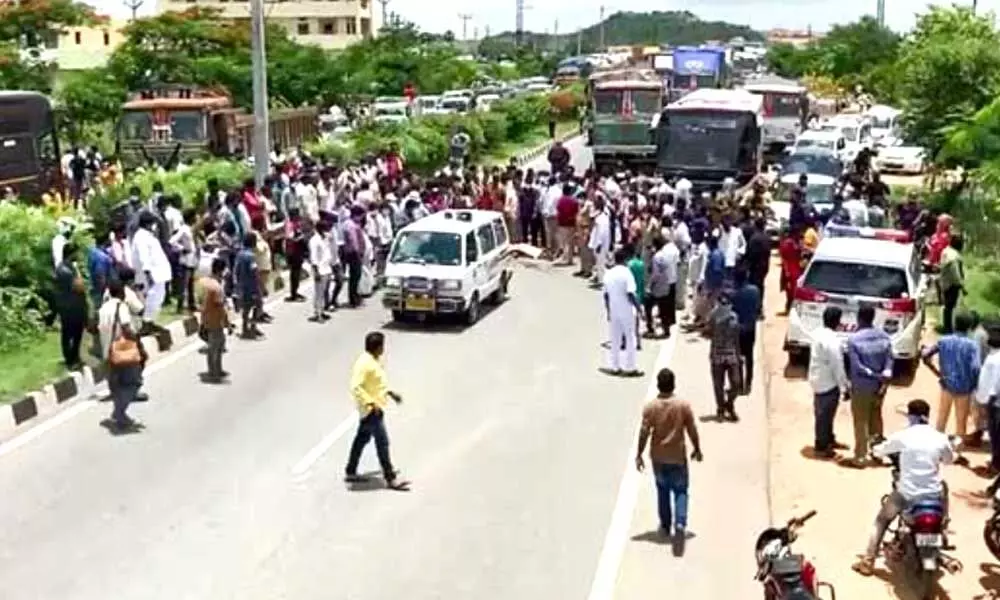 A 70 yrs old died on spot after getting hit by a RTC bus on the Vijayawada-Hyderabad national highway