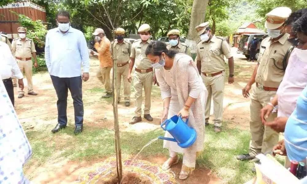 Zoo curator Nandani Salaria taking part in a tree plantation programme organised as a part  of Vanmahotsav to mark the reopening of  the IGZP in Visakhapatnam on Monday