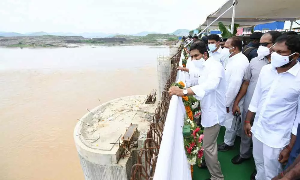 Chief Minister YS Jagan Mohan Reddy inspecting ongoing works at the Polavaram project in West Godavari district on Monday