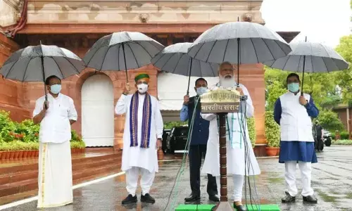Prime Minister Narendra Modi addressing the media at Parliament House on the first day of the Monsoon Session on Monday.