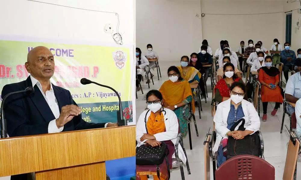 NTR University of Health Sciences Vice-Chancellor Dr P Shyam Prasad addressing a meeting at the S V Ayurvedic College in Tirupati on Tuesday