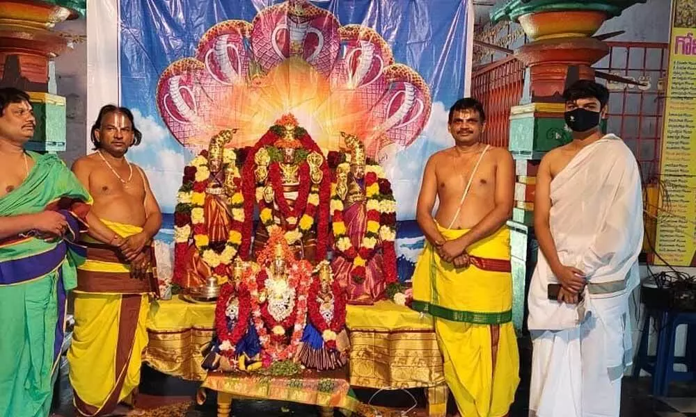 Priests performing special pujas to Lord Sri Venkateswara Swamy at Sri Venkateswara Swamy temple at Vaikuntapuram under Amaravati mandal of Guntur district