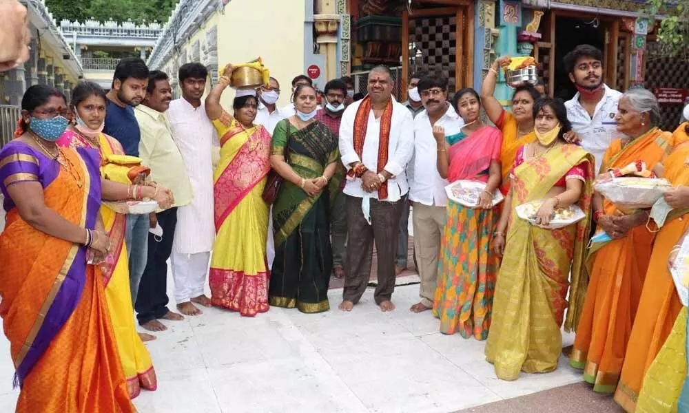 Tourism Minister Muttamsetti Srinivasa Rao at Durga temple in Vijayawada on Tuesday