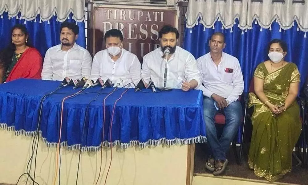 Jana Sena Chittoor district president Dr P Hariprasad addressing the media in Tirupati on Tuesday
