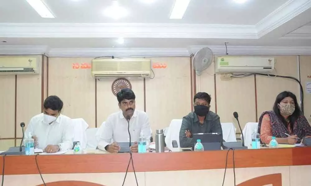Nizamabad Collector Narayana Reddy along with other officers in a review on Harita Haram at the collectorate on Tuesday