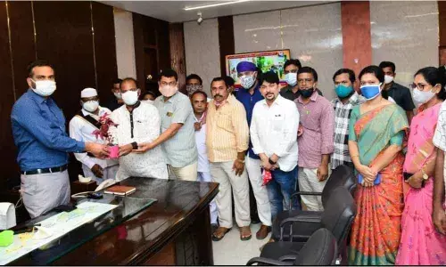 TNGOs, district leaders greeting Collector RV Karnan in Karimnagar on Tuesday