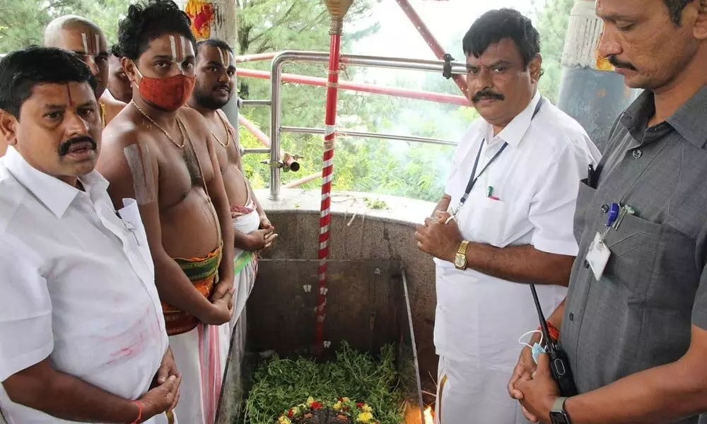 TTD Officials observing the Chatrasthapanotsavam for Srivari Padalu at Padala Mandapam in Tirumala on Wednesday