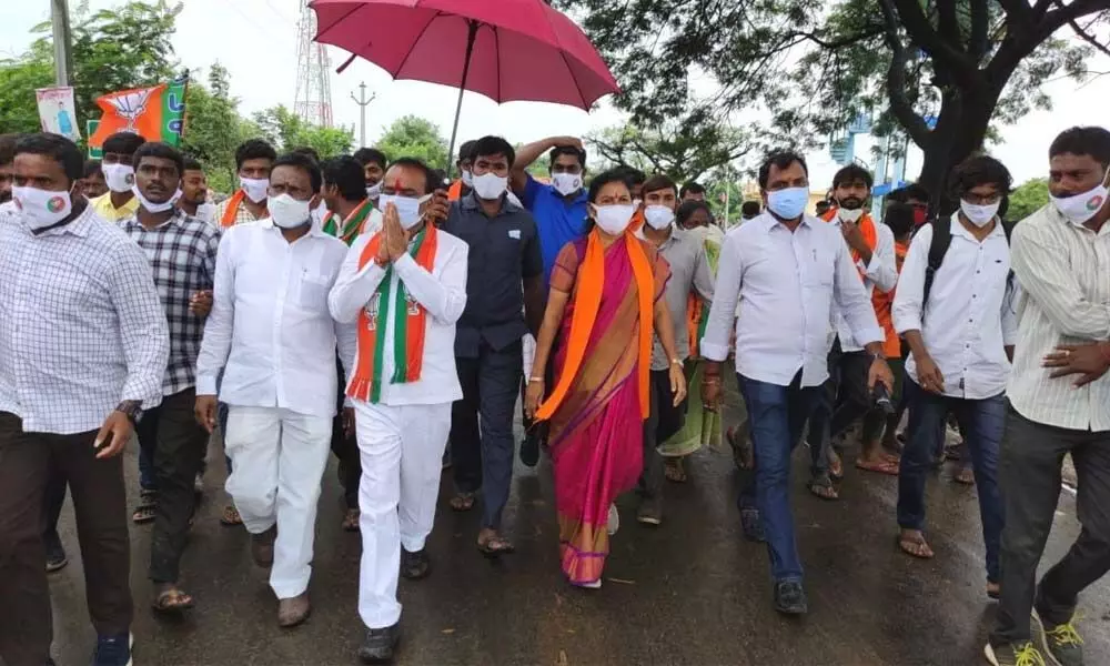 Former Minister and BJP leader Eatala Rajender during Pada Yatra in kamalapur on Wednesday