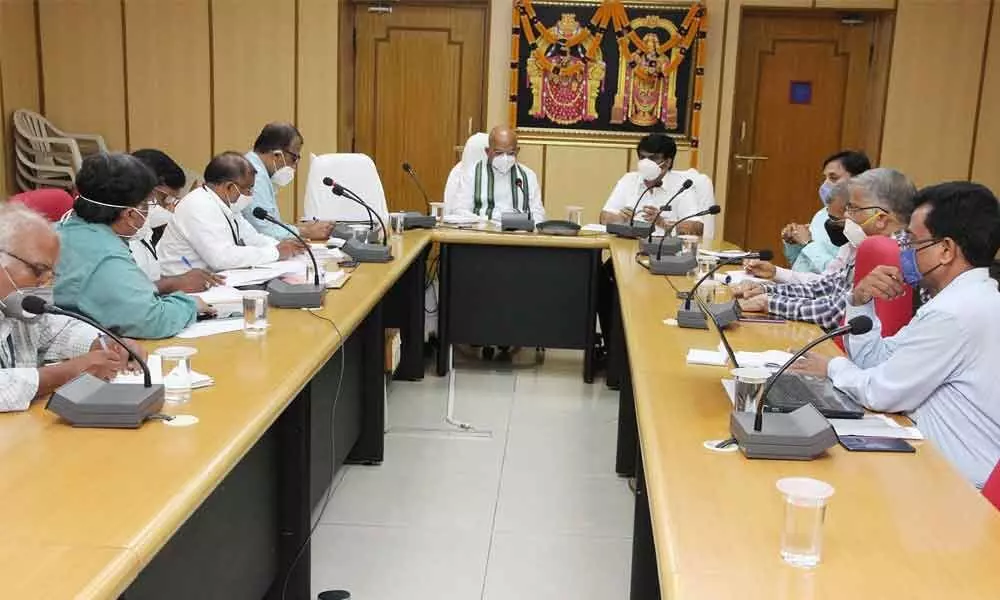 TTD EO Dr K S Jawahar Reddy holds a meeting with SV Veterinary University  VC Padmanabha Reddy on improving the productivity of Desi cows in TTD Goshalas  in Tirupati on Thursday.