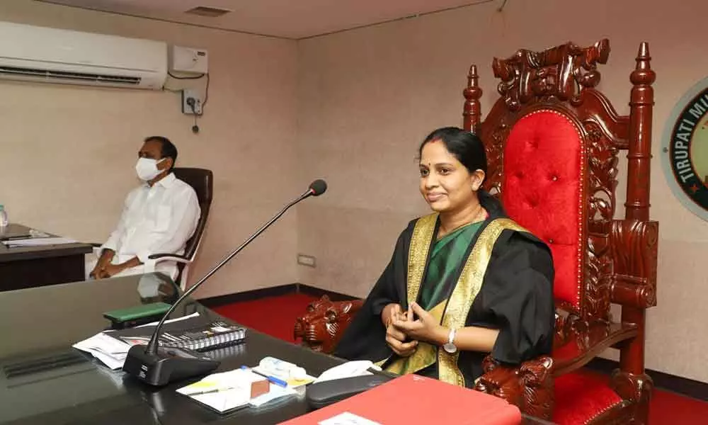 Mayor Dr Sirisha addressing the Municipal Council meeting in Tirupati on Thursday