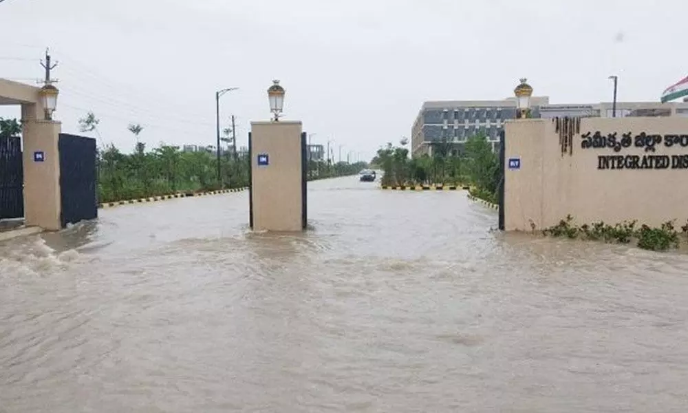 Newly inaugurated Integrated District Collectorate Complex at Sircilla town in Rajanna-Sircilla district inundated with floodwaters on Thursday