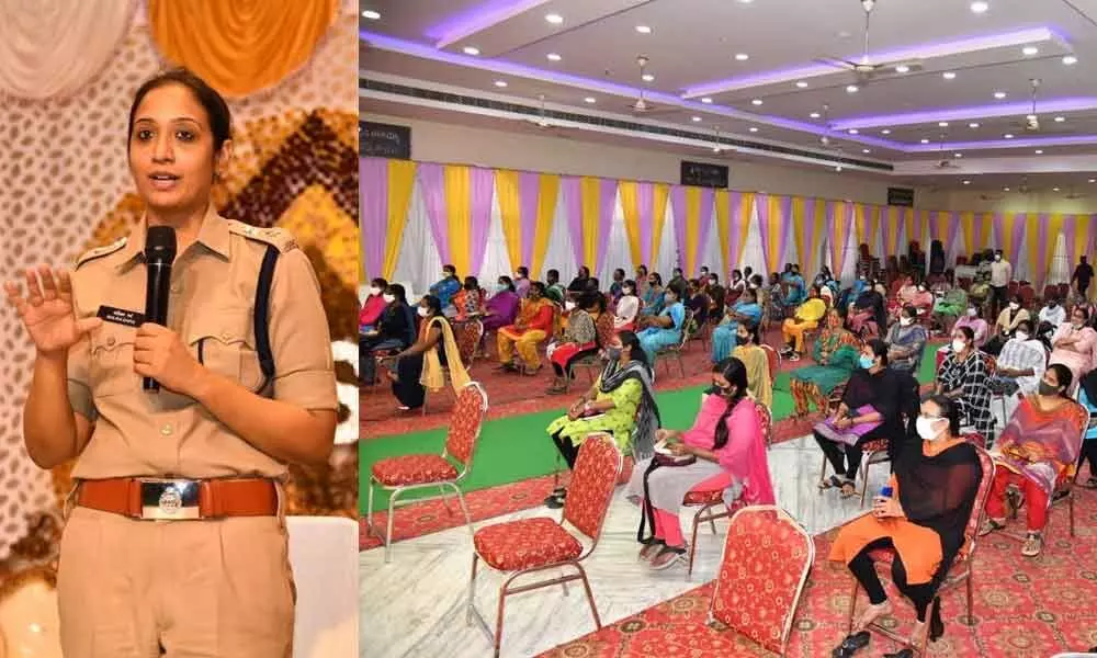 SP Malika Garg addressing village/ward secretaries and women protection secretaries in Chirala on Thursday