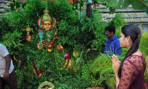 A girl seeking blessing from goddess during Sakambari celebration in Sri Durga Malleshwara temple in Vijayawada on Thursday