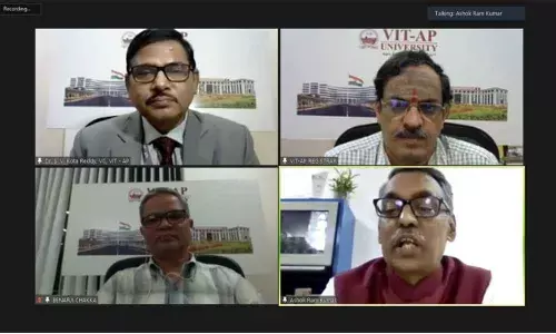 Dr SV Kota Reddy, Vice-Chancellor, VIT-AP University, Ashok Ram Kumar, Advocate, Wordict-IP signing MoU in presence of Dr CLV Sivakumar, Registrar, Dr Benarji Chakka, Dean VIT-AP School of Law