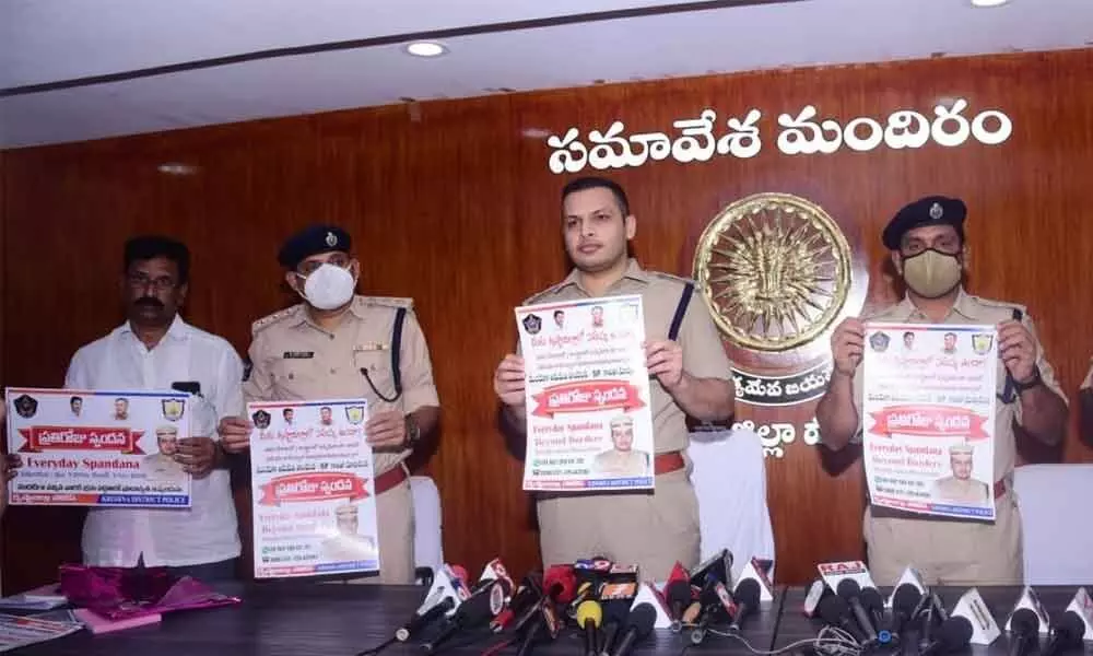 SP Siddhartha Kaushal releases posters on Spandana programme in Machilipatnam on Friday