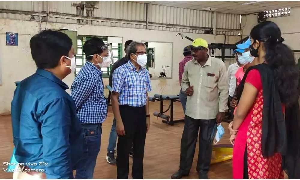 JK Jain, president, SCR Sports Association and Principal Chief Mechanical Engineer interacting with sportspersons at the Railway Stadium in Vijayawada on Friday