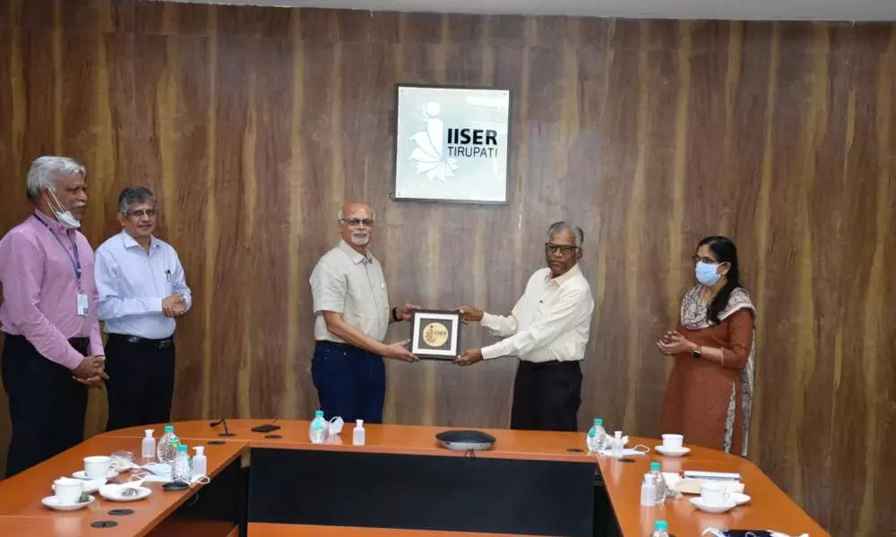 IISER Director Prof K N Ganesh congratulating Prof B J Rao on his appointment as Hyderabad Central University Vice Chancellor