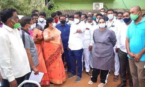 Greater Visakhapatnam Municipal Corporation Mayor Golagani Hari Venkata Kumari and GVMC Commissioner G Srijana visiting the 74th ward in Visakhapatnam on Friday