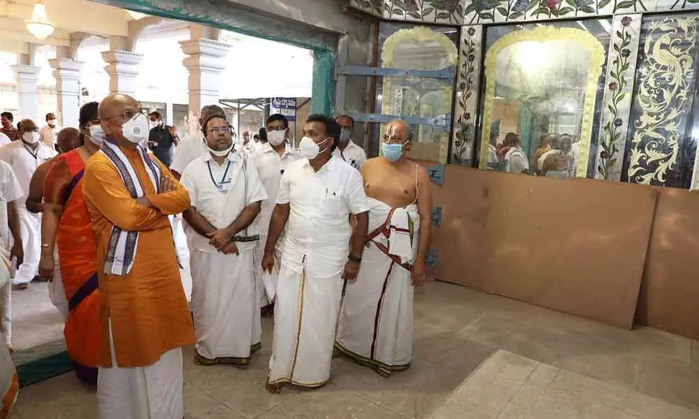 TTD Executive Officer Dr K S Jawahar Reddy inspecting the Govindaraja Swamy temple in Tirupati on Saturday