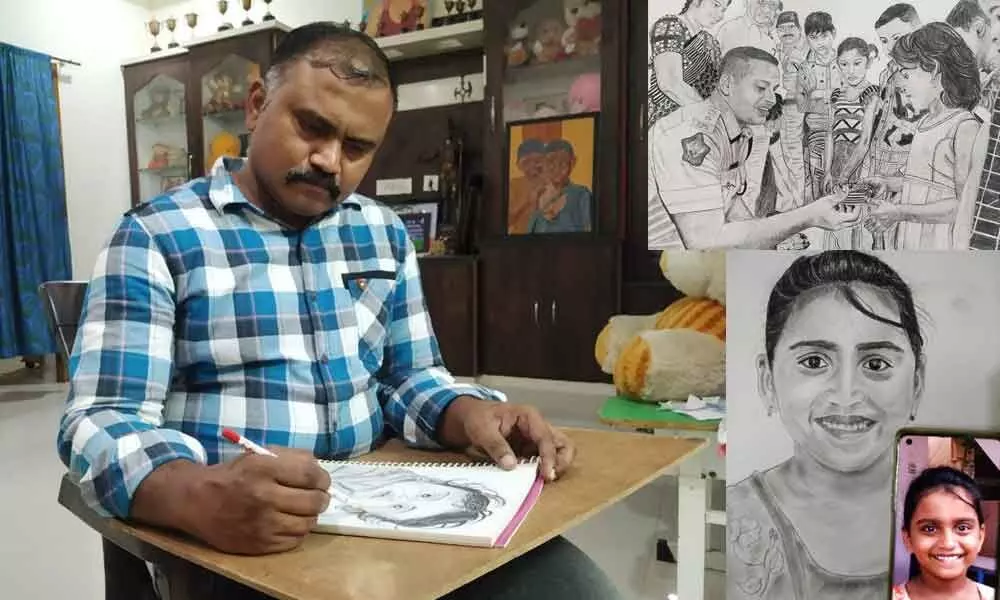Vetapalem SI Kamalakar sketching the portrait of a child