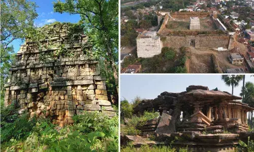 A sculpture in Devuni Gutta in Mulugu district(Left); Aerial view of Khilashapur Fort in Jangaon district(Right Top); Reddy Gudi in Jayashankar-Bhupalpally district(Right Bottom)