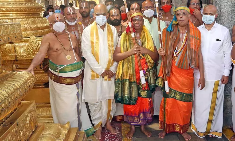 Pedda Jiyangar and Chinna Jiyangar Swamijis begin Chaturmasya Deeksha in Tirumala on Sunday. TTD EO K S Jawahar Reddy, Additional EO  A V Dharma Reddy and CVSO Gopinath Jatti are also seen.