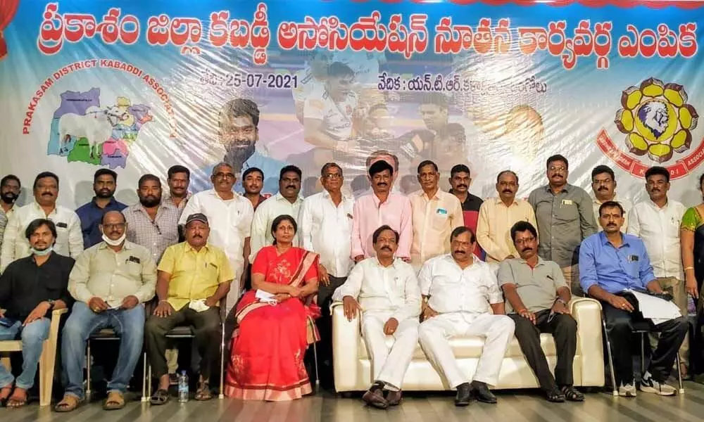 State association members appreciating the new body of Prakasam District Kabaddi Association in Ongole on Sunday