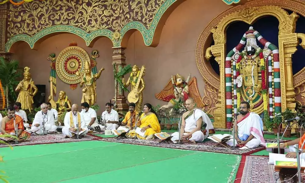 Vedic scholars taking part in Balakanda Parayanam at Nada Neerajanam at Tirumala on Sunday