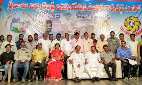State association members appreciating the new body of Prakasam District Kabaddi Association in Ongole on Sunday