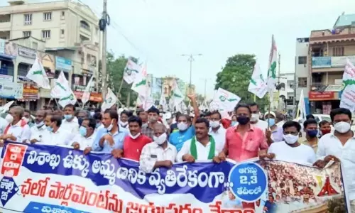 VSP employees and all party representatives conducting a padayatra in Visakhapatnam on Sunday.