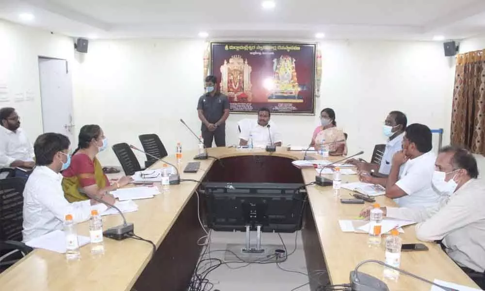 Endowments Minister V Srinivas in a review  with officials in Vijayawada on Monday