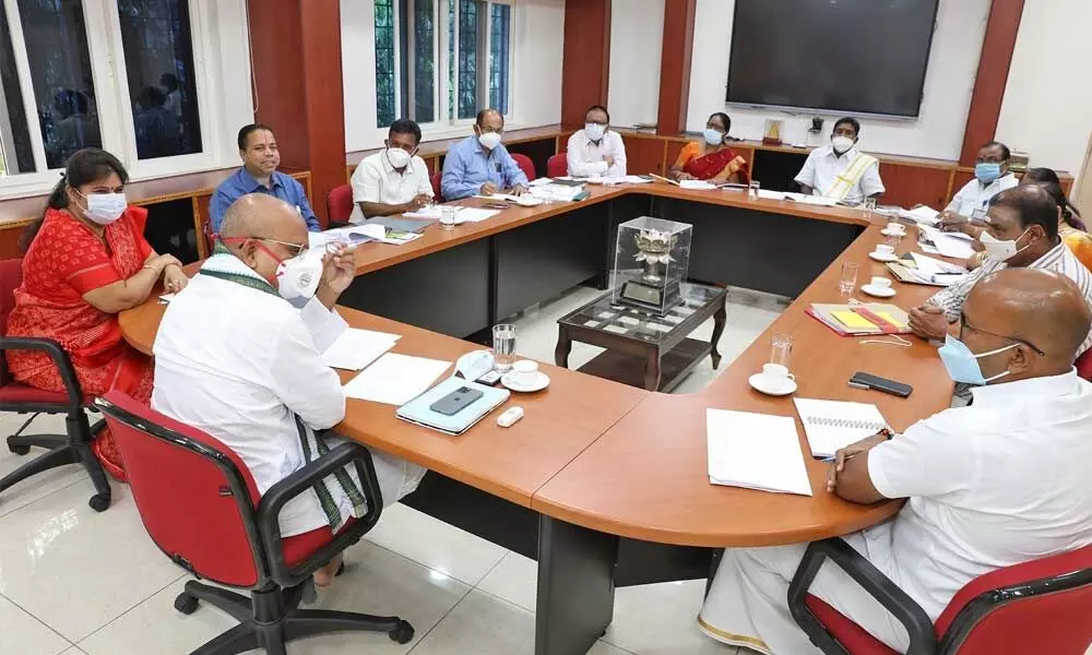 TTD EO KS Jawahar Reddy holding a meeting with senior officials in Tirupati on Tuesday
