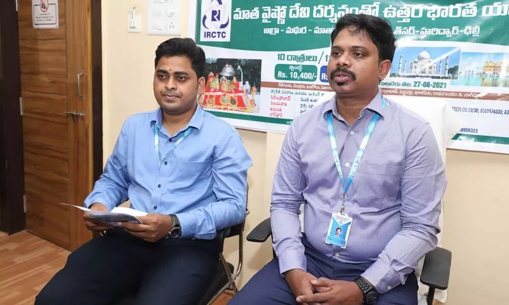 IRCTC DGM D S G P Kishore (right) addressing the media in Tirupati on Tuesday