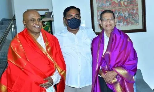 Minister for Panchayat Raj Errabelli Dayakar Rao with Kakatiya Heritage Trust (KHT) founder BV Papa Rao, retired IAS, and retired Professor M Panduranga Rao of NIT in Hanamkonda on Tuesday