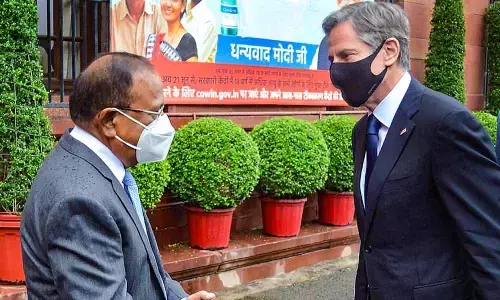 National Security Adviser Ajit Doval meets US Secretary of State Antony Blinken, in New Delhi on Wednesday