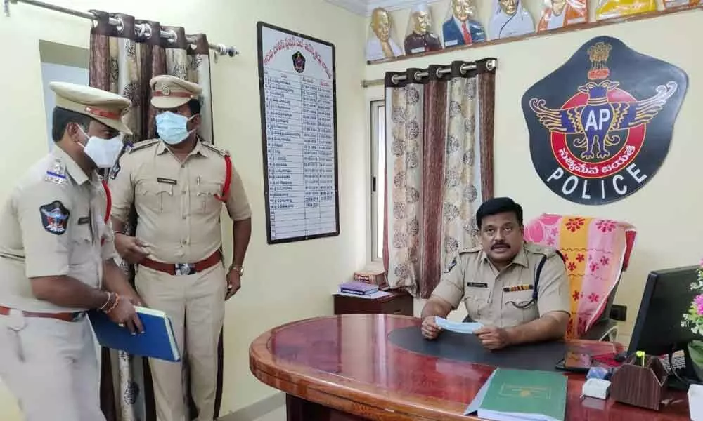 SP M Ravindranath Babu inspecting the police station at Karapa in Kakinada Rural on Thursday