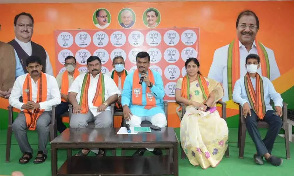 BJP MLC P V N Madhav addressing a press conference in Visakhapatnam on Thursday.