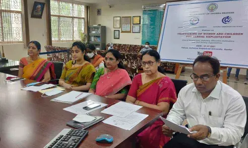 Vice-Chancellor of Acharya Nagarjuna Universityi Dr Rajasekhar, AP Mahila Commission Directo R Suez, AP Mahila Commission chairperson Vasireddy Padma and member K Jayalakshmi participating in the webinar hosted by Acharya Nagarjuna University on Thursday