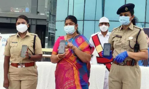 GVMC Mayor G Hari Venkata Kumari along with DCP-I Gowthami Sali and ACP of Disha police station Prem Kajal at Disha app awareness programme held in Visakhapatnam on Saturday