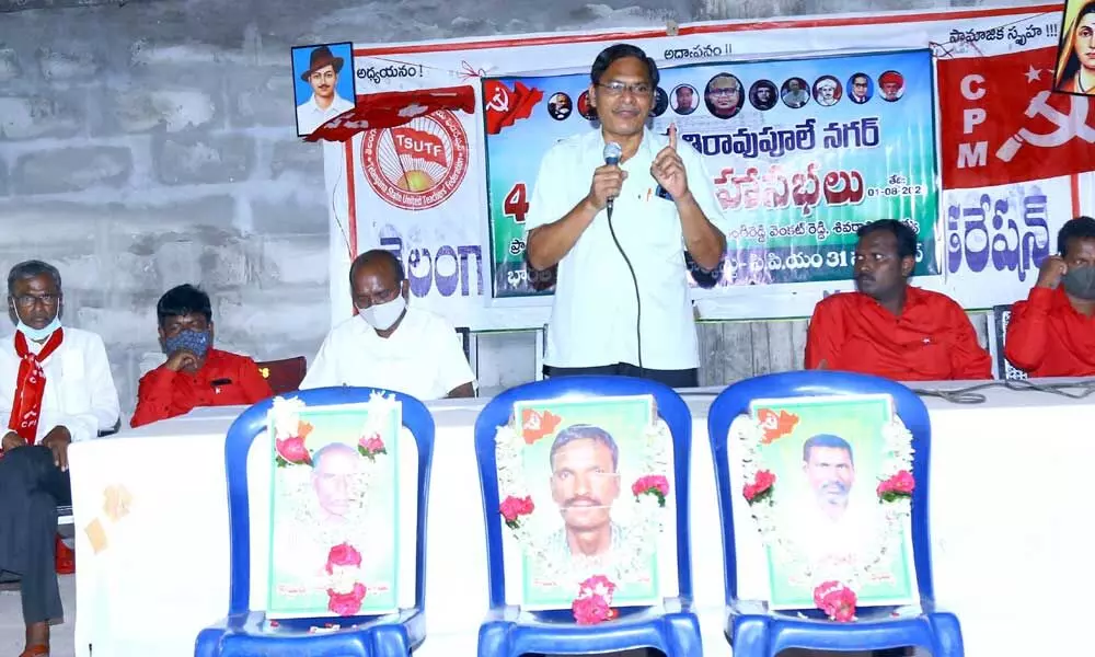 CPM Central Committee Member S Veeraiah speaking at a party meeting in Hanamkonda on Sunday