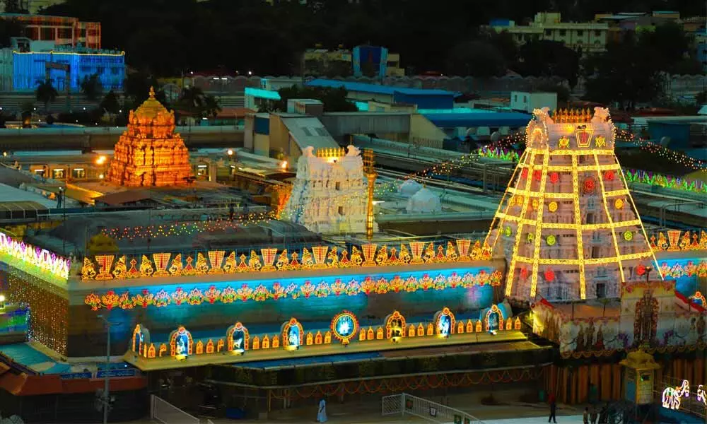 A view of illuminated Tirumala temple