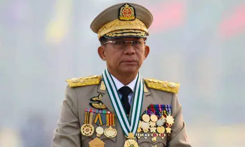 FILE PHOTO: Myanmars junta chief Senior General Min Aung Hlaing, who ousted the elected government in a coup on February 1, presides an army parade on Armed Forces Day in Naypyitaw, Myanmar, March 27, 2021.