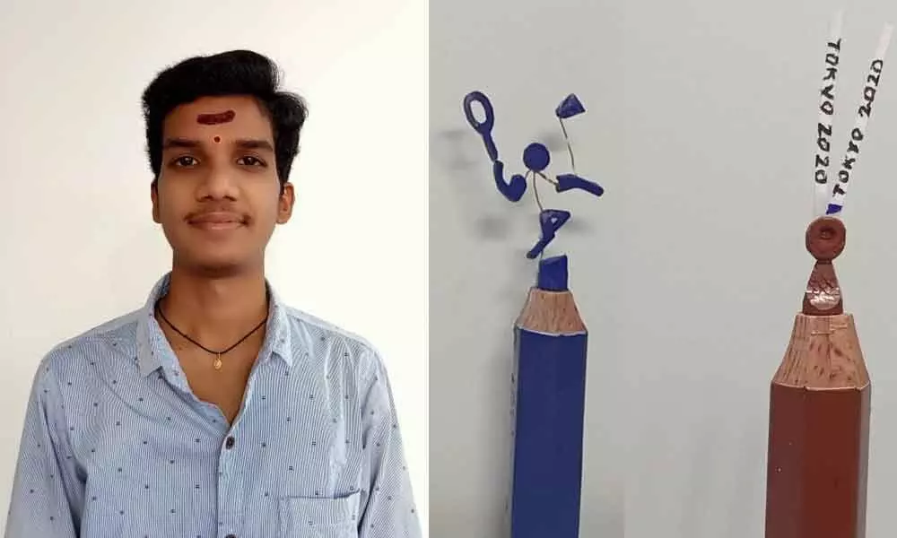 Thatikonda Srijith carved a bronze medal on the tip of a pencil head and a badminton pictogram on another pencil head in a tribute to PV Sindhu