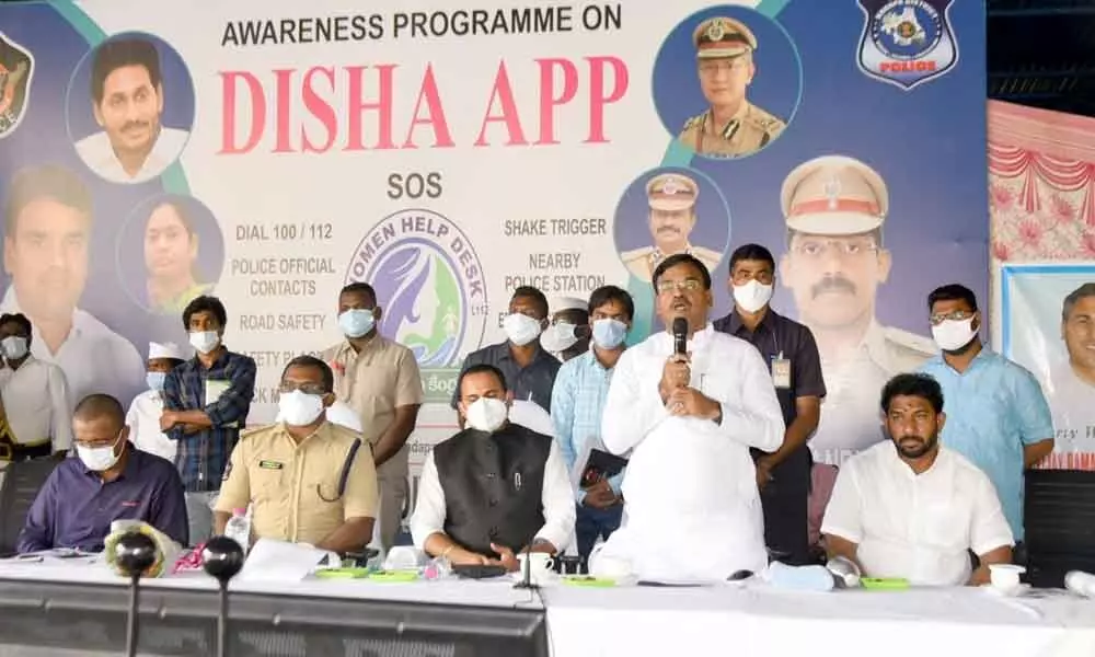 Deputy Chief Minister Amzath Basha addressing the awareness camp on utilisation of Disha app in Kadapa on Monday.