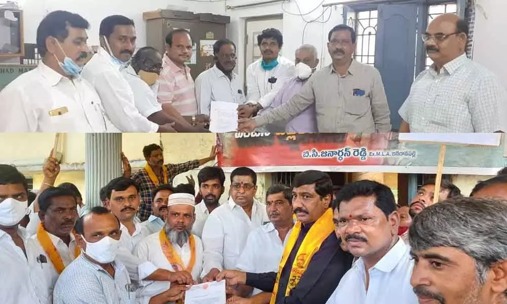 TDP members handing over a representation to the MPDO in Kurnool on Monday (Top); TDP leaders demanding to clear the pending MGNREGS bills in Banaganapalle (Bottom)