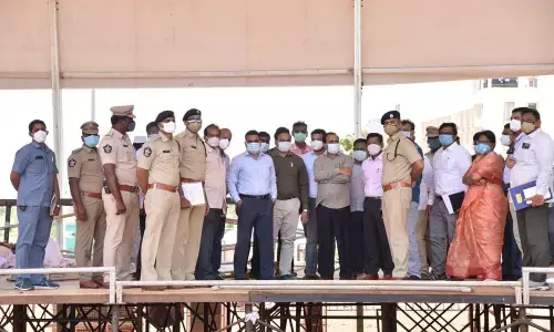 District Collector Vivek Yadav, Joint Collector AS Dinesh Kumar, Guntur Urban SP Arif Hafeez and MLA Alla Rama Krishna Reddy inspecting the venue for CM’s visit AIIMS Mangalagiri on Tuesday
