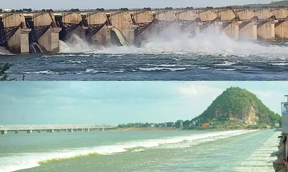 Floodwater gushing out from Pulichintala Project in Guntur district on Thursday(Top); Floodwater being discharged at Prakasam barrage in Vijayawada on Thursday (Bottom)
