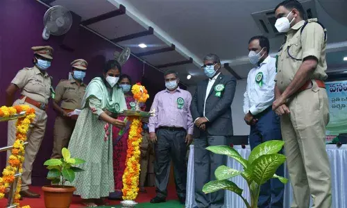 Joint Collector Dr A Siri lighting the lamp to mark launch of Paccha Thoranam in Anantapur on Thursday. Forest Conservator Sreenivasa Sastry, DFO Sandeep Krupakar, SP Fakirappa and JNTU VC Ranga Janardhana are also seen.