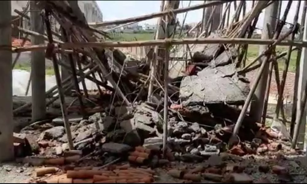 The collapsed arch of Kalyana Mandapam at Neerugattuvaripalli in Madanapalli on Friday